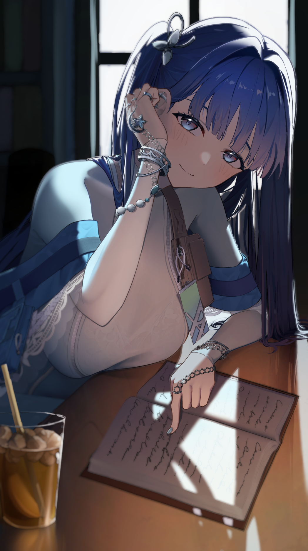1girl, adjusting_hair, arcana_(nikke), blue_eyes, blue_hair, book, cup, cursive