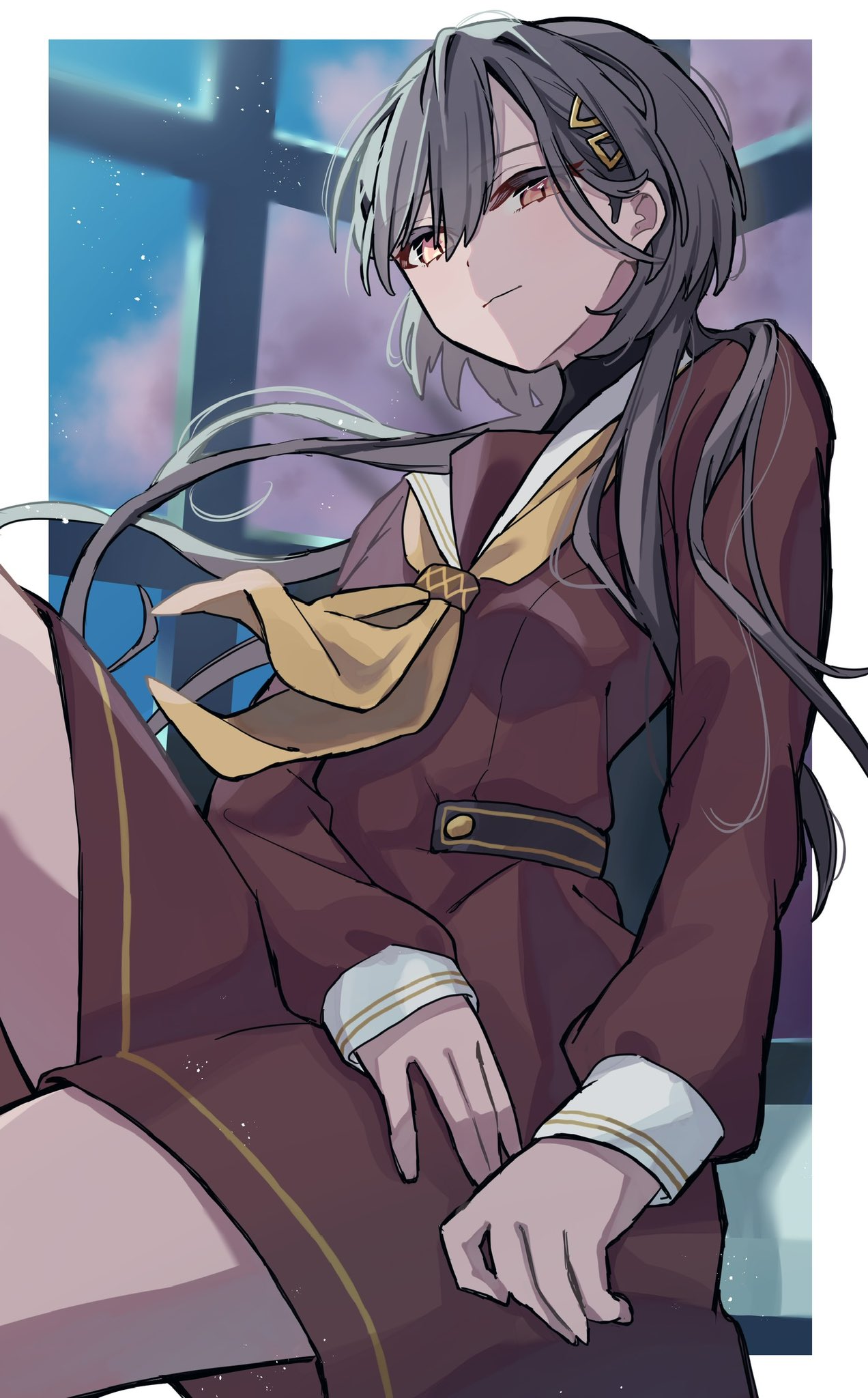 1girl, black_hair, border, brown_dress, cowboy_shot, dress, hair_intakes, hair_ornament