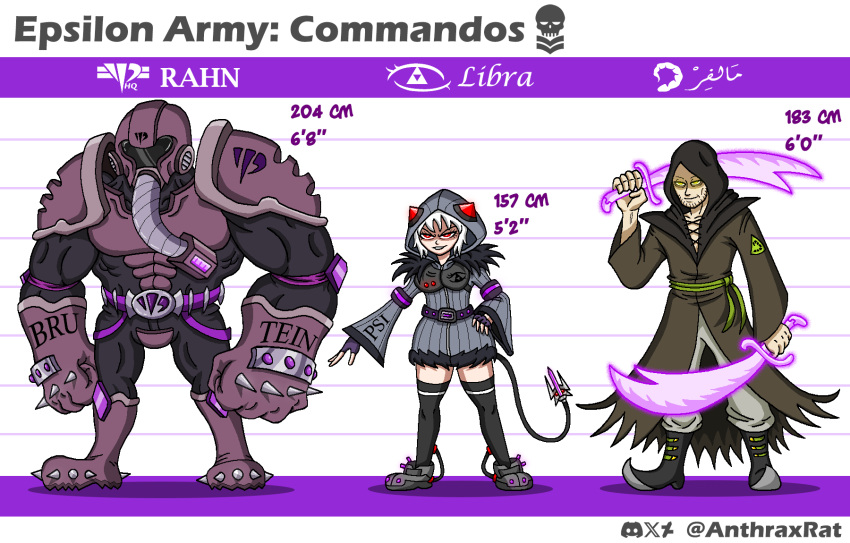 >:), 1girl, 2boys, anthraxrat, arabian_clothes, armor, artist_name, belt, black_visor, boots, breastplate, breasts, character_name, choppy_bangs, command_&amp;_conquer, command_&amp;_conquer:_red_alert, command_&amp;_conquer:_red_alert_2, dress, energy_blade, fur_trim, gas_mask, gauntlets, green_belt, grey_dress, height_chart, helmet, highres, hood, hood_up, hoodie, hose_nozzle, libra_(mental_omega), looking_to_the_side, malver_(mental_omega), mask, mechanical_tail, mental_omega_(mod), multiple_boys, muscular, muscular_male, psi-corps_symbol, purple_belt, rahn_(mental_omega), red_eyes, reference_sheet, resh_vav_yod_symbol, scorpion_cell_symbol, scorpion_tail, short_hair, shoulder_armor, spiked_boots, spiked_knuckles, tail, v-shaped_eyebrows, white_hair, yellow_eyes