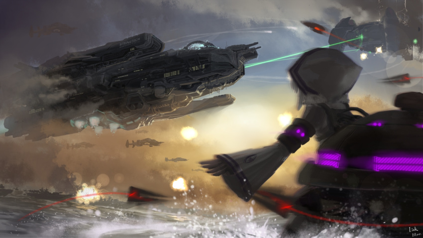 aerial_battle, aircraft, battle, battlefield, clouds, command_&amp;_conquer, command_&amp;_conquer:_red_alert, command_&amp;_conquer:_red_alert_2, dart, explosion, floating, from_behind, hood, hood_up, hoodie, irkalla_aerial_fortress, laser, libra_(mental_omega), linkai_nuofu, machine, machinery, mental_omega_(mod), military_vehicle, missile, motion_blur, naval_battle, ocean, paradox_engine, pleated_sleeves, psi-corps_symbol, scenery, science_fiction, sea_spray, ship, shirt, sidelocks, skirt, sky, splashing, sunset, telekinesis, thor_gunship, war, warship, water, watercraft, white_hair