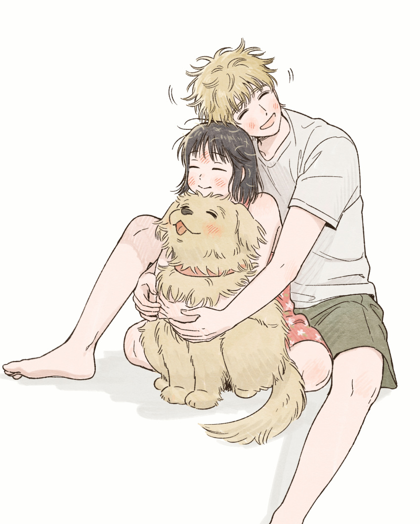 1boy, 1girl, :>, animal, animal_collar, animal_hair, animal_hug, bare_shoulders, barefoot, black_hair, blonde_hair, blunt_bangs, blush, closed_eyes, closed_mouth, collar, collarbone_peek, dog, dress, floral_print_dress, foot_out_of_frame, forehead_blush, front-to-back, gatan666, golden_retriever, green_shorts, grey_shirt, happy, heads_together, hetero, highres, hug, hug_from_behind, indian_style, iwakura_mitsumi, messy_hair, motion_lines, nuzzle, open_mouth, print_dress, red_dress, shadow, shima_sousuke, shirt, short_hair, short_sleeves, shorts, simple_background, sitting, sitting_between_lap, size_difference, skip_to_loafer, sleeveless, sleeveless_dress, smile, spread_legs, thick_eyebrows, white_background