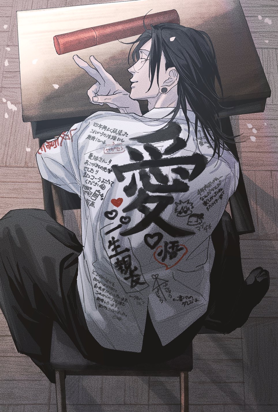 1boy, back, back_focus, black_hair, clothes_writing, ear_piercing, getou_suguru, hair_bun