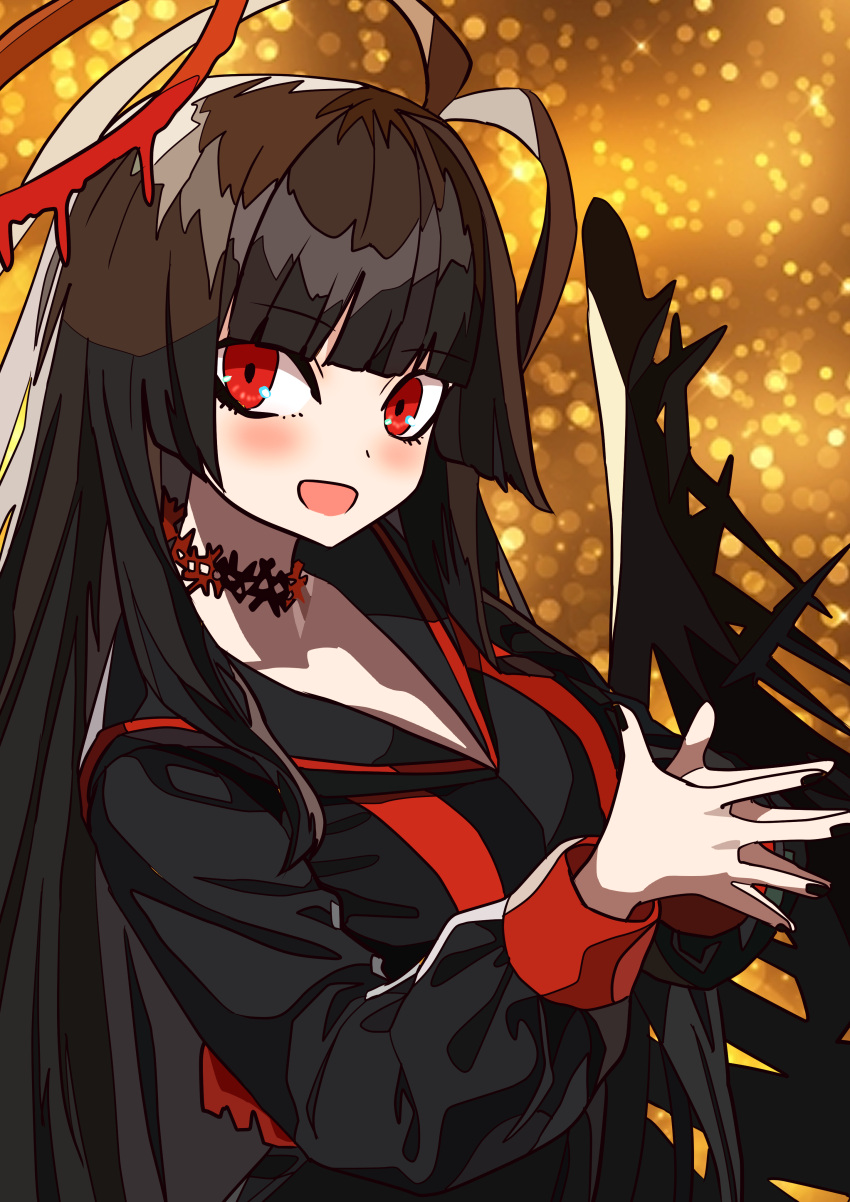 1girl, absurdres, antenna_hair, black_hair, black_nails, black_serafuku, black_wings, blood