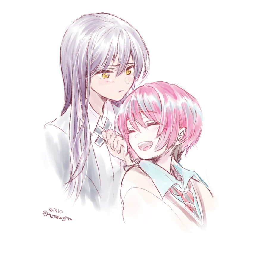 2girls, amate_yuzuriha, blue_shirt, closed_eyes, collared_shirt, commentary_request, gundam, gundam_gquuuuuux, hair_between_eyes, highres, long_hair, multiple_girls, necktie, nyaan_(gundam_gquuuuuux), oisiso, open_mouth, purple_hair, red_hair, shirt, short_hair, smile, striped_necktie, white_background, yellow_eyes