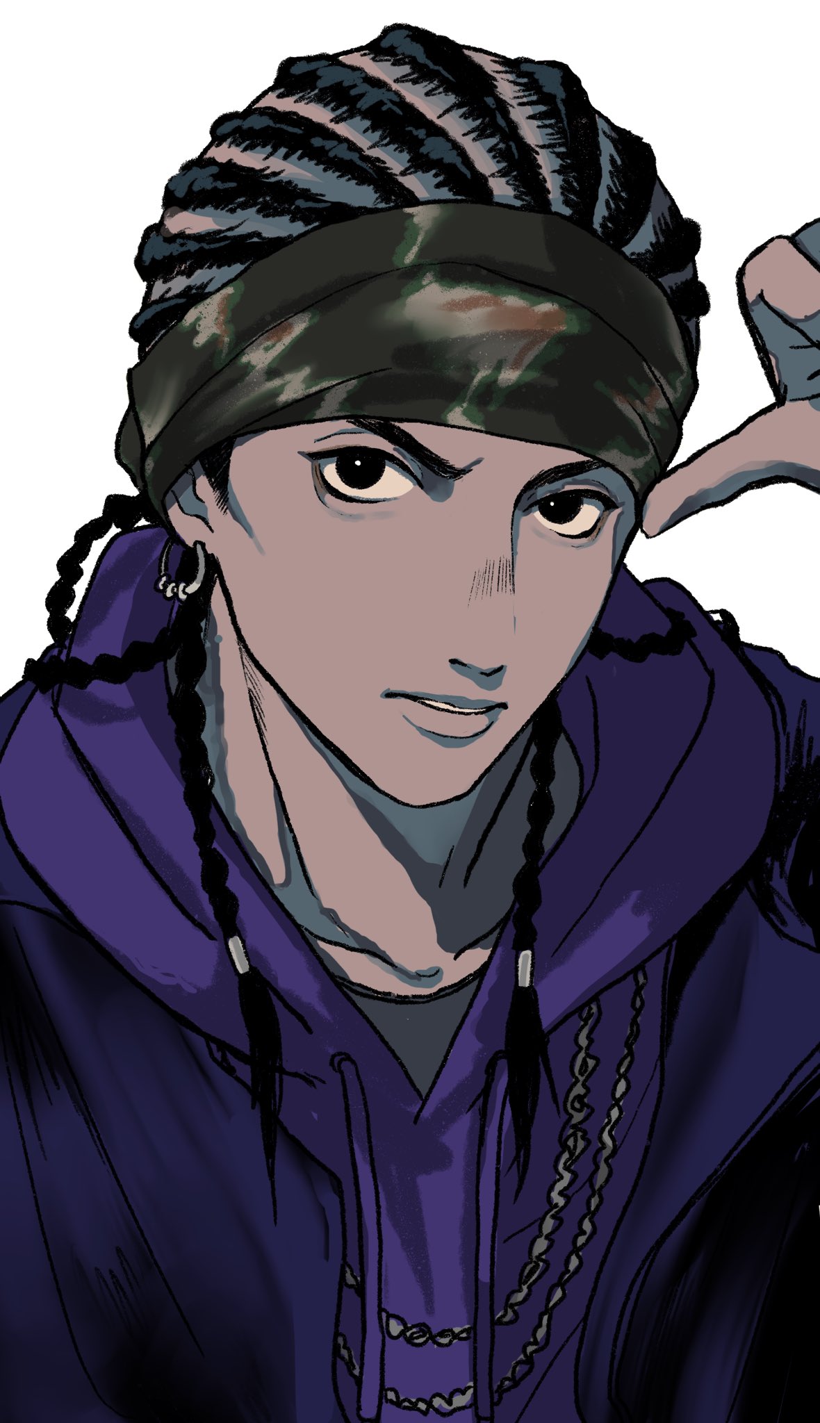 1boy, abinofa, adam's_apple, bandana, black_eyes, black_hair, camouflage_bandana, chain