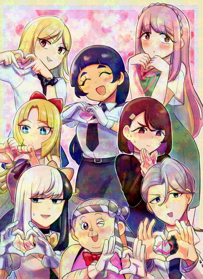 +_+, 3boys, 5girls, :d, adversarial_noise, arm_hair, belt, black_necktie