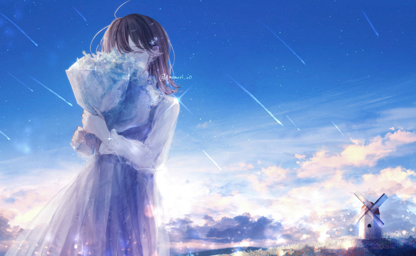 1girl, amenomori_howa, blue_dress, blue_sky, bouquet, brown_hair, closed_eyes, clouds