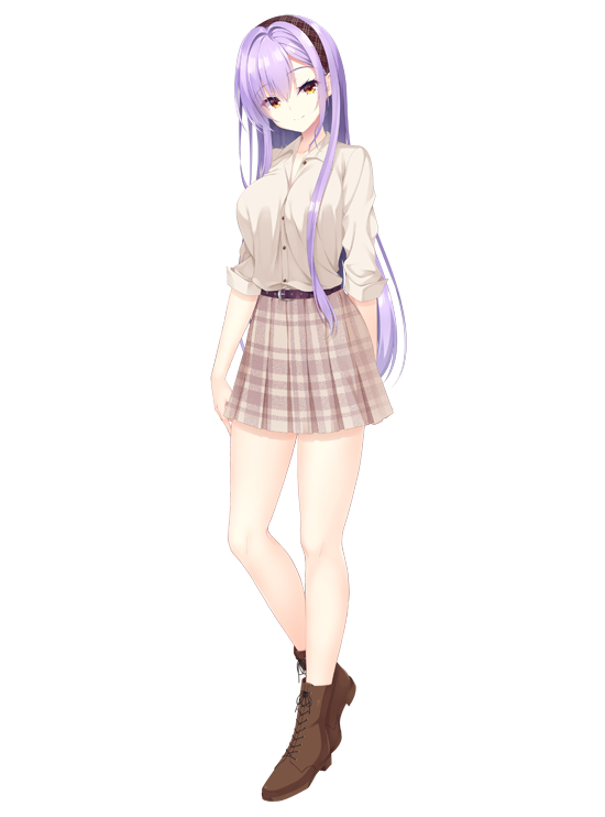1girl, belt, boots, breasts, brown_boots, brown_skirt, closed_mouth, collared_shirt, full_body, grey_shirt, hazumi_rio, lace-up_boots, limelight_lemonade_jam, long_hair, long_sleeves, looking_at_viewer, official_art, orange_eyes, purple_hair, saen_nayuka, shirt, skirt, sleeves_rolled_up, smile, solo, tachi-e, transparent_background, very_long_hair, yuzu-soft