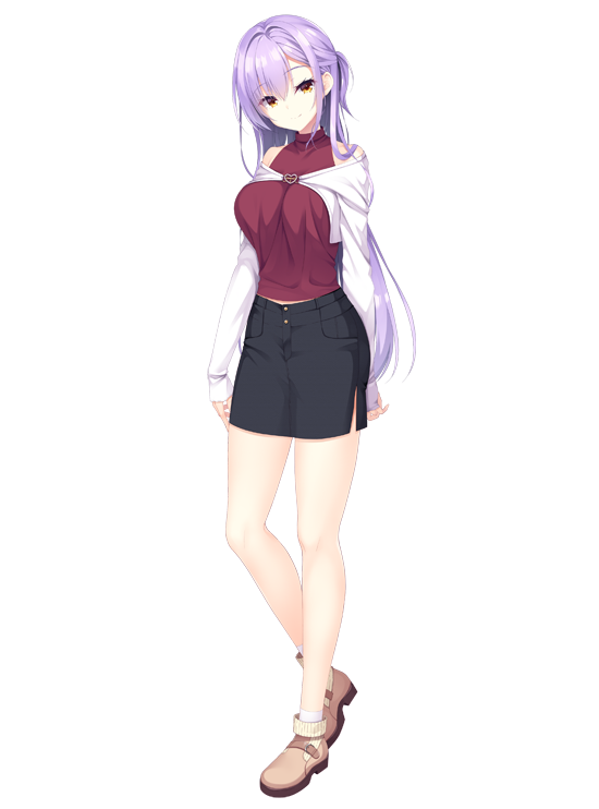 1girl, black_shorts, breasts, brown_shoes, closed_mouth, full_body, hazumi_rio, limelight_lemonade_jam, long_hair, looking_at_viewer, official_art, orange_eyes, purple_hair, red_shirt, saen_nayuka, shirt, shoes, shorts, smile, solo, tachi-e, transparent_background, very_long_hair, yuzu-soft