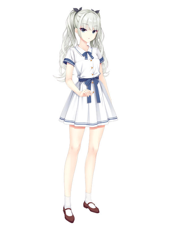 1girl, blue_bow, blue_bowtie, blue_eyes, bow, bowtie, brown_shoes, collared_shirt, full_body, grey_hair, hair_ribbon, kobuichi, koishikawa_miku, limelight_lemonade_jam, long_hair, looking_at_viewer, official_art, open_mouth, pleated_skirt, ribbon, shirt, shoes, short_sleeves, skirt, socks, solo, tachi-e, transparent_background, twintails, white_shirt, white_skirt, white_socks, yuzu-soft