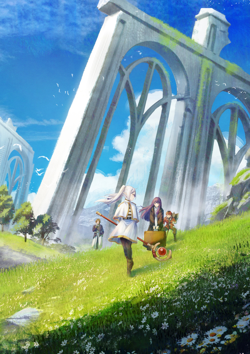 2boys, 2girls, absurdres, ataririri, axe, bird, black_coat, blue_sky