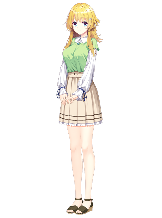 1girl, blonde_hair, blue_eyes, breasts, brown_skirt, closed_mouth, collared_shirt, full_body