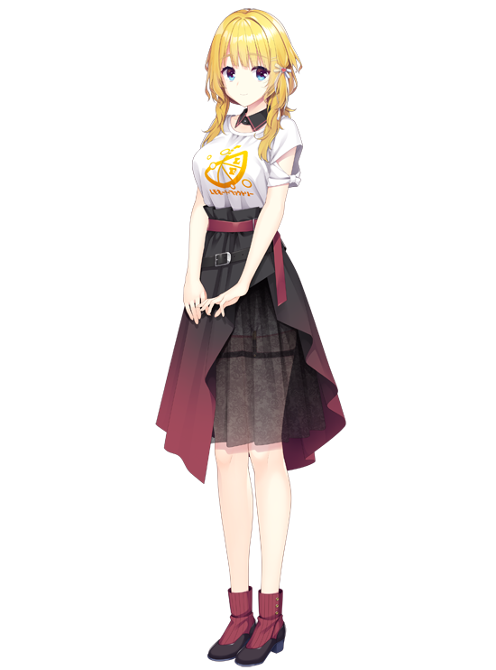 1girl, belt, black_shoes, black_skirt, blonde_hair, blue_eyes, breasts, closed_mouth