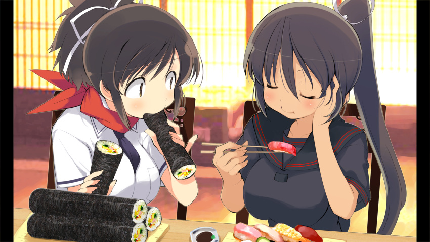 2girls, absurdres, asuka_(senran_kagura), black_hair, black_sailor_collar, black_shirt, blue_necktie, breasts