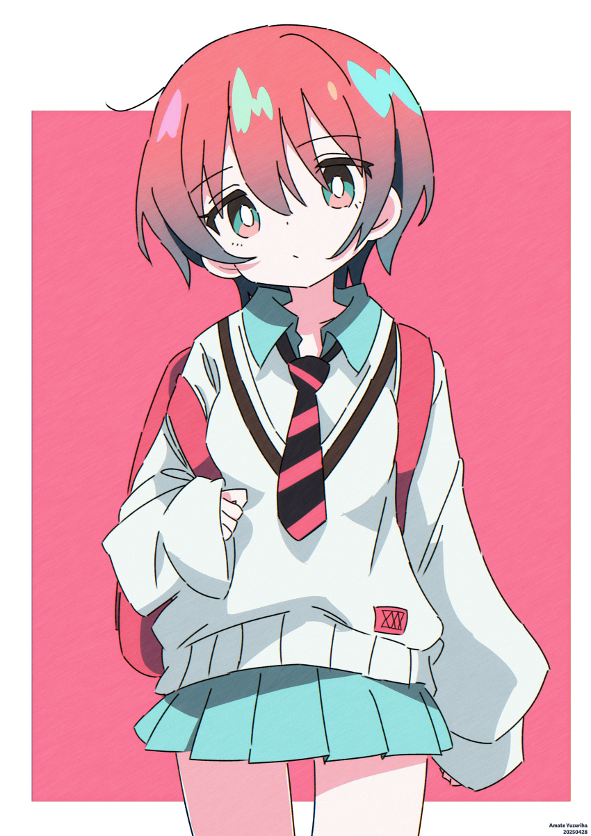 1girl, absurdres, amate_yuzuriha, black201_wav, blue_shirt, blue_skirt, border, bright_pupils