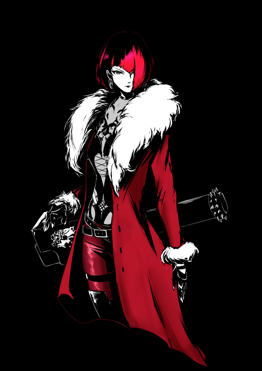 1girl, absurdres, anna_williams, black_background, black_collar, black_hair, blue_eyes, bob_cut, coat, collar, hair_over_one_eye, highres, holding, holding_rocket_launcher, holding_weapon, hollow_555, multicolored_hair, one_eye_covered, pants, red_coat, red_hair, red_pants, rocket_launcher, short_hair, simple_background, solo, tekken, tekken_8, two-tone_hair, upper_body, weapon