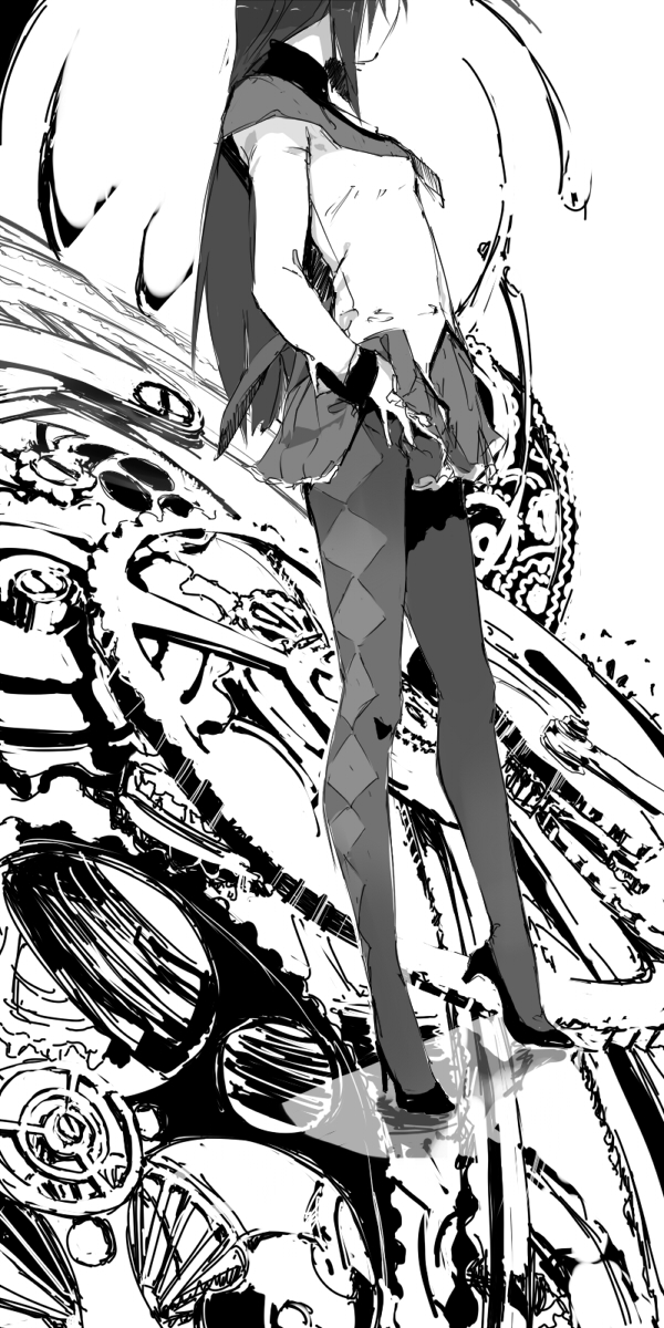 akemi_homura, clock, gears, head_out_of_frame, high_heels, highres, kotoba, mahou_shoujo_madoka_magica