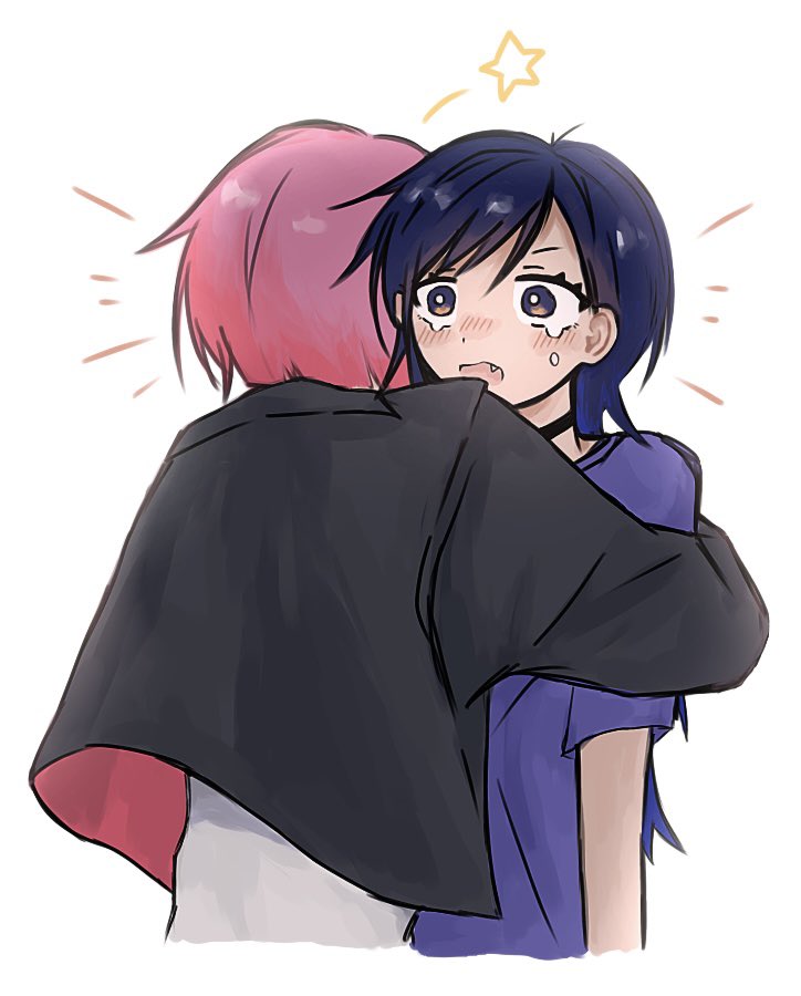 2girls, black_choker, black_hair, blue_hair, blush, choker, cropped_legs, fang