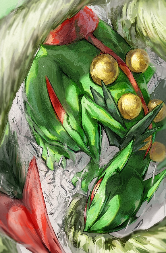 akebwanwan, blurry, colored_sclera, commentary_request, frenzy_plant_(pokemon), looking_up, mega_sceptile, no_humans