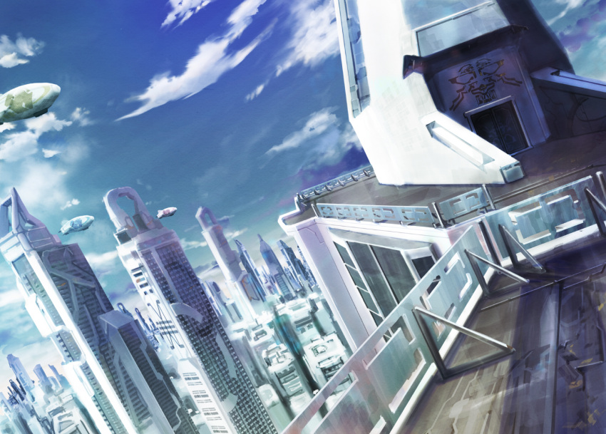 blimp, building, city, cityscape, clouds, dutch_angle, lens_flare, mahou_shoujo_madoka_magica