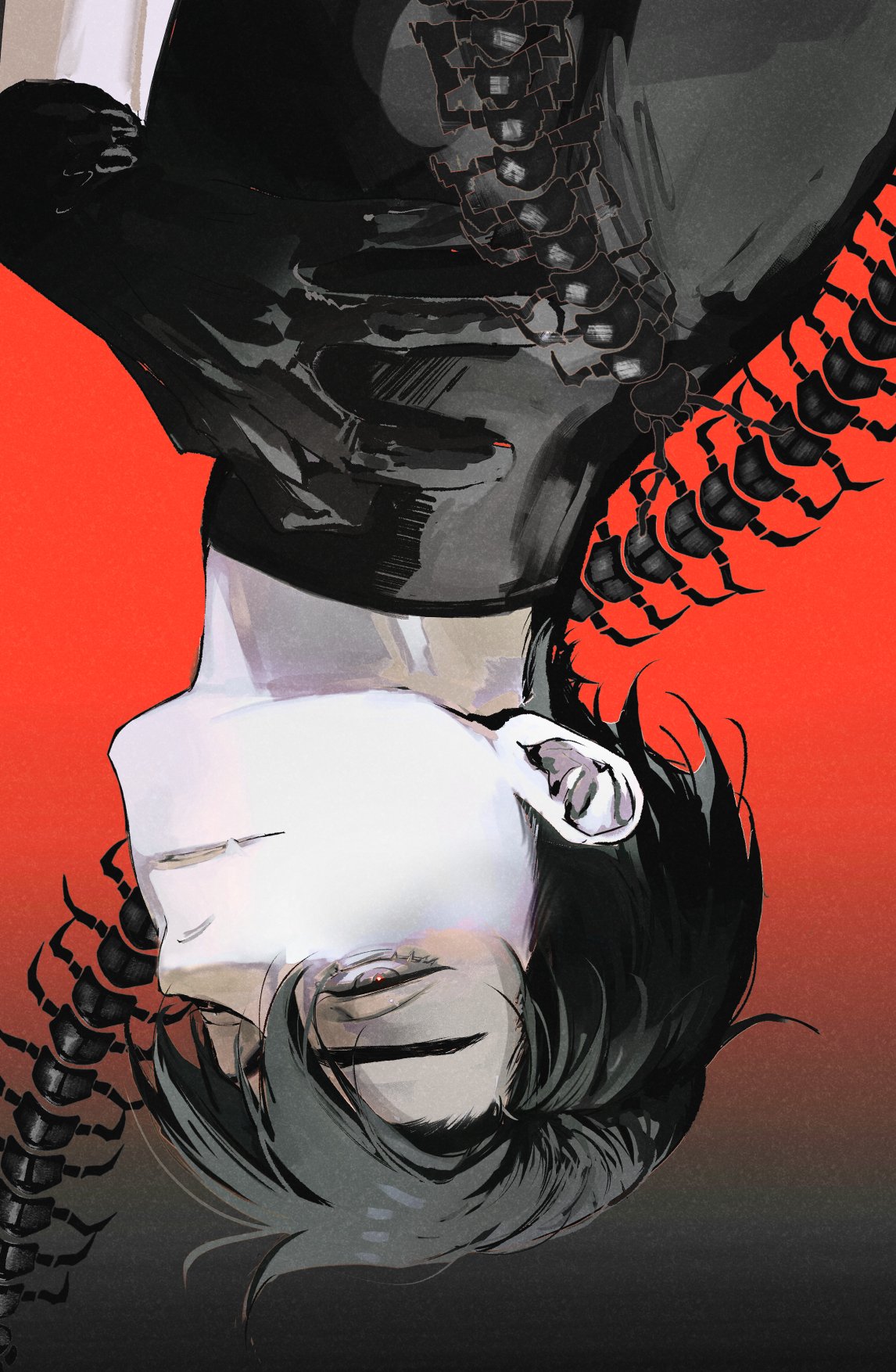 1boy, alien_stage, black_gloves, black_hair, black_shirt, brown_eyes, bug, centipede