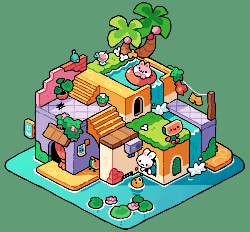 absurdres, bird, building, cactus, chibi, clothesline, commentary, condenser_unit, creature, english_commentary, flower, food, fruit, green_background, highres, house, isometric, lily_(flower), moss, original, plant, potted_plant, rabbit, sign, simple_background, smile, solid_circle_eyes, stefscribbles, water, waterfall, watermelon