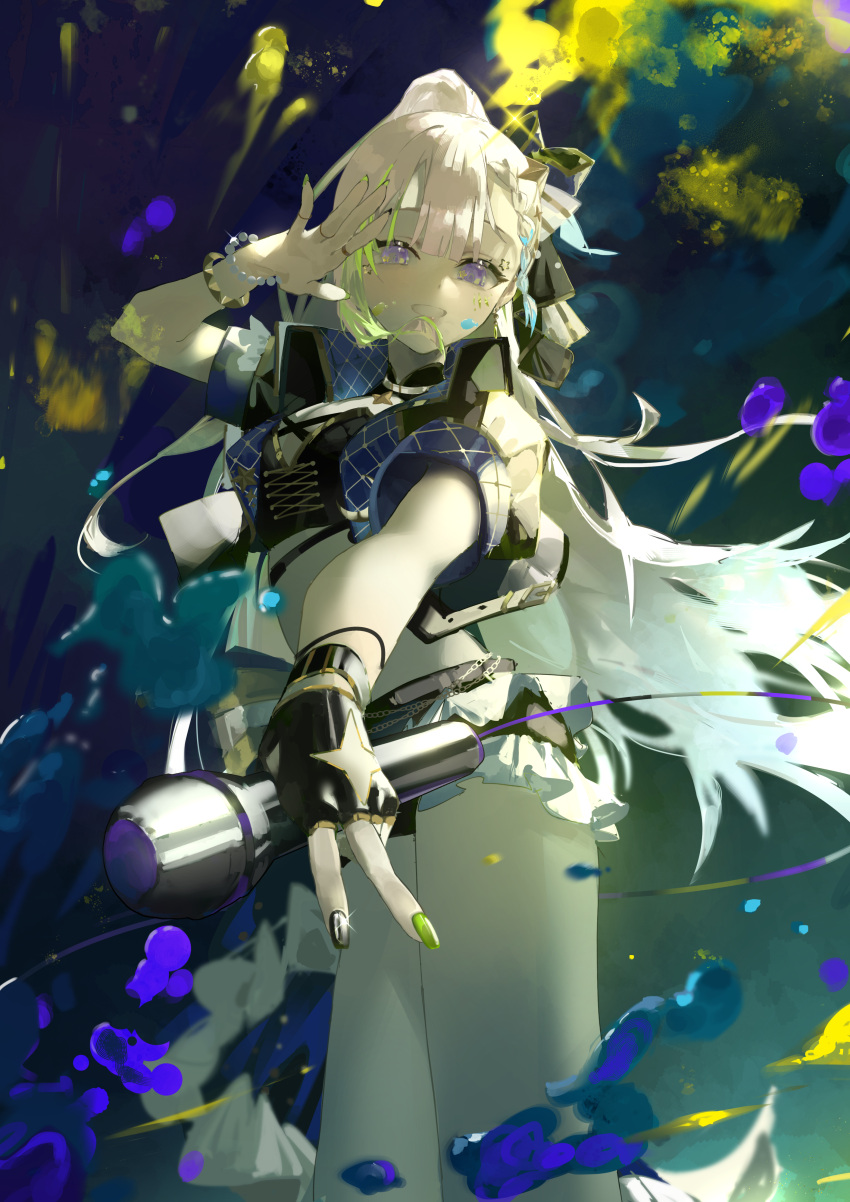 1girl, absurdres, airani_iofifteen, airani_iofifteen_(work), asymmetrical_bangs, black_bustier, black_gloves, black_jacket