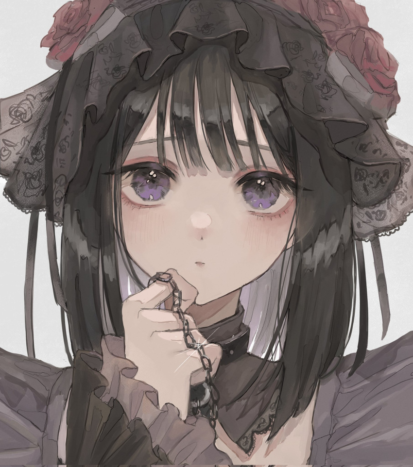 1girl, black_dress, black_hair, blush, chain, closed_mouth, cosplay, dress