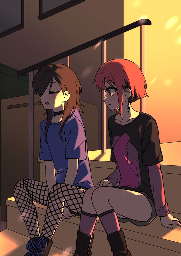 2girls, ankle_boots, arm_warmers, bamppan, black_choker, black_hair, black_shirt, blue_shirt