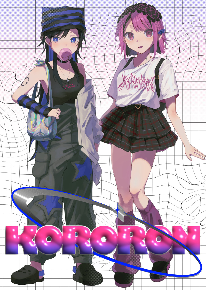 2girls, absurdres, arm_tattoo, bag, beanie, black_choker, black_hair, black_skirt