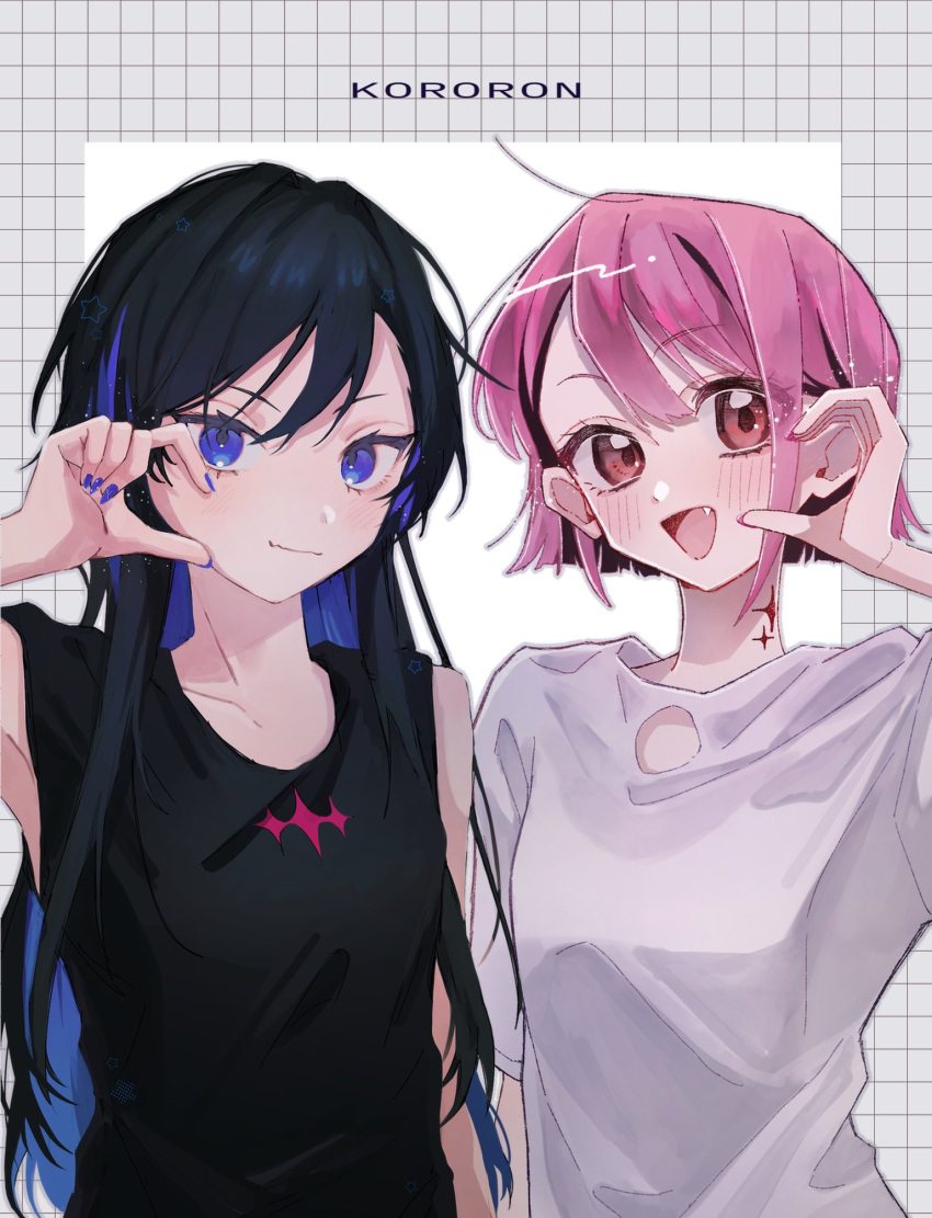 2girls, black_hair, black_shirt, blue_eyes, blue_nails, breasts, brown_eyes, colored_inner_hair, copyright_name, fang, heart, heart_hands, heart_hands_duo, highres, kororon_(song), long_hair, looking_at_viewer, medium_breasts, multicolored_hair, multiple_girls, neck_tattoo, o0ohnto0o, okami-chan_(kororon), open_mouth, pink_hair, shirt, short_hair, short_sleeves, side-by-side, sleeveless, smile, tattoo, tora-chan_(kororon), upper_body, white_shirt