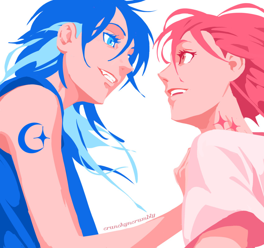 2girls, absurdres, arm_tattoo, blue_eyes, blue_hair, brown_eyes, crunchyncrumbly, eye_contact