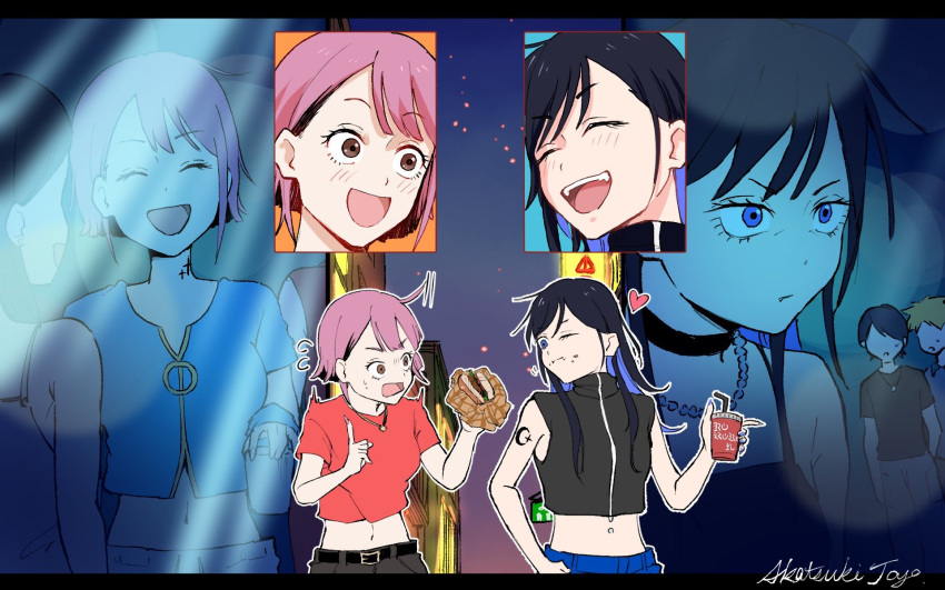 :d, akatsuki_toyo26, arm_tattoo, belt, black_choker, black_hair, blue_eyes, blue_pants