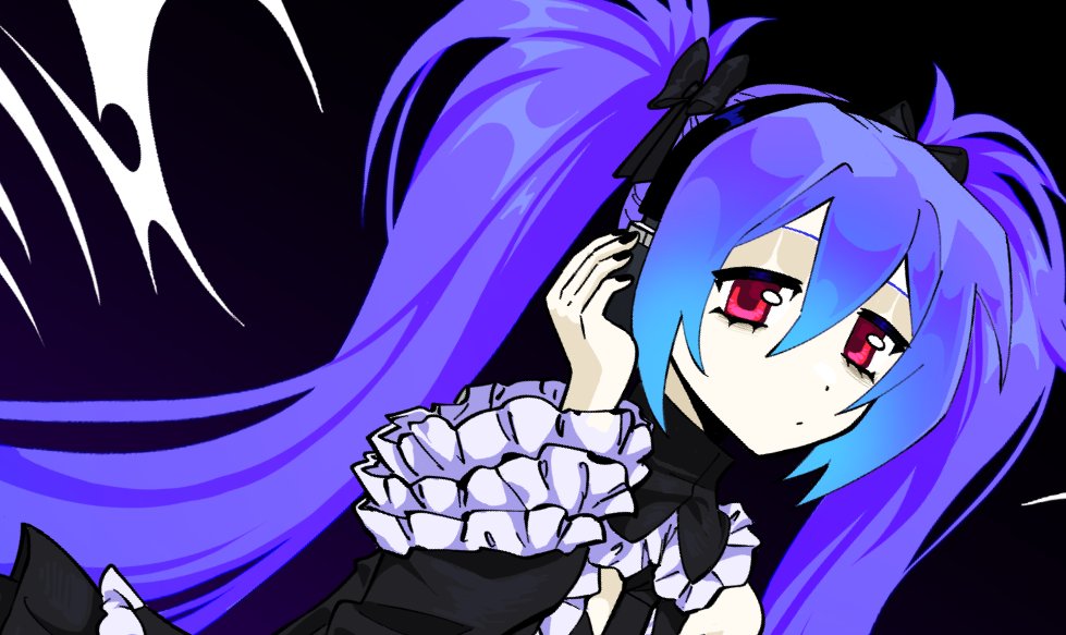 1girl, bags_under_eyes, black_background, black_nails, danciingcosmos, frilled_sleeves, frills, hair_between_eyes