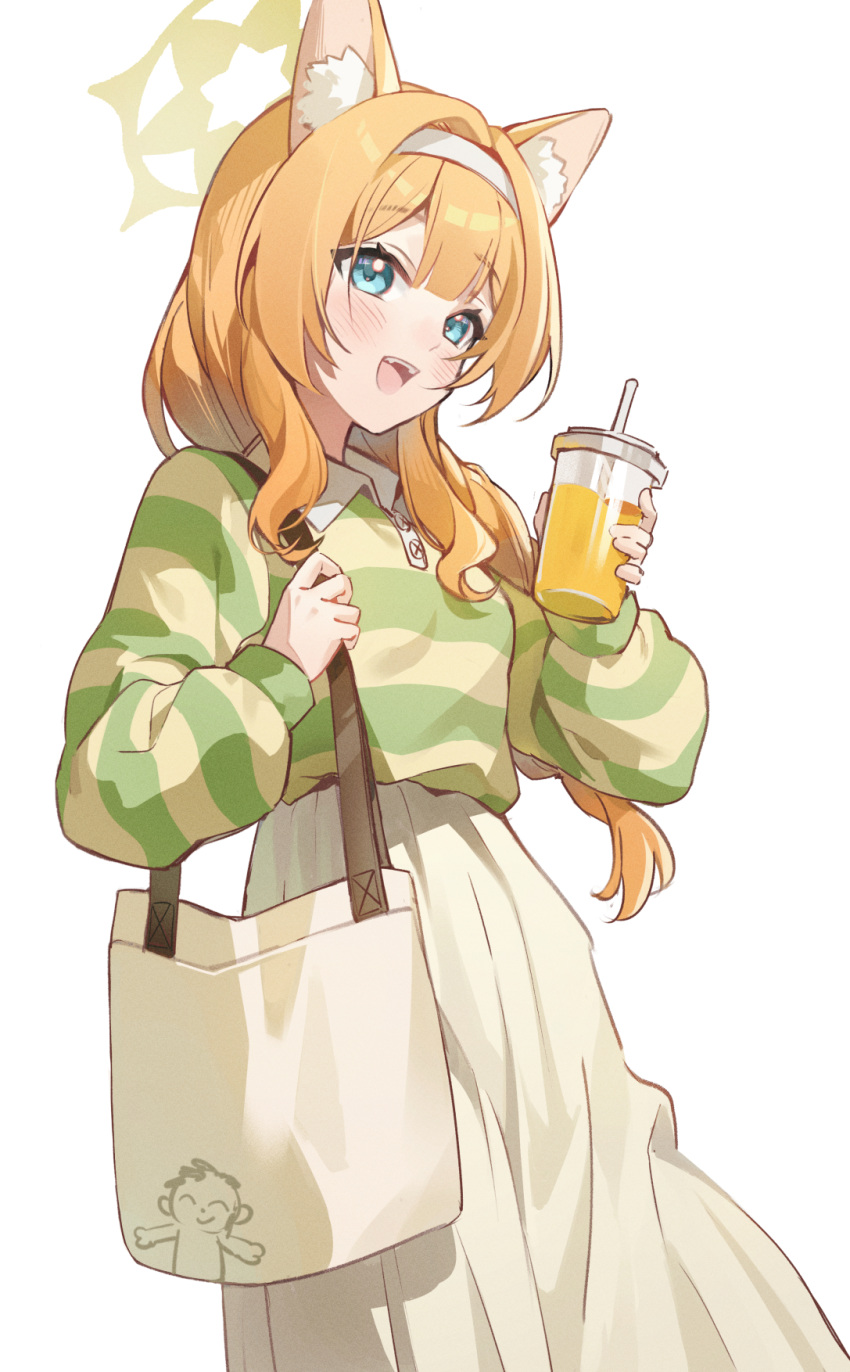 1girl, animal_ear_fluff, animal_ears, bag, blue_archive, blue_eyes, blush, cup, doodle_sensei_(blue_archive), green_shirt, hairband, halo, highres, holding, holding_bag, holding_cup, hoshiko_(419401x), long_hair, long_sleeves, mari_(blue_archive), open_mouth, orange_hair, sensei_(blue_archive), shirt, simple_background, skirt, smile, striped_clothes, striped_shirt, two-tone_shirt, white_background, white_hairband, white_skirt, yellow_halo, yellow_shirt