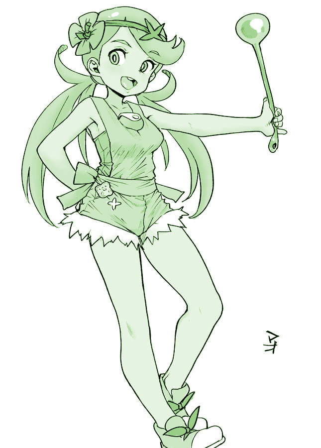1girl, :d, breasts, commentary_request, flower, full_body, green_theme, hair_flower