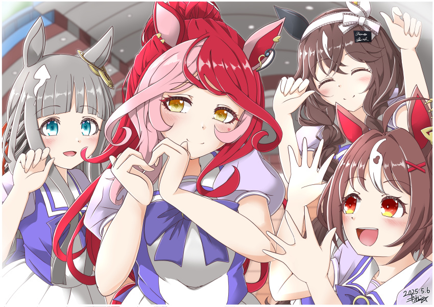 4girls, absurdres, ahoge, animal_ears, blue_eyes, blurry, blurry_background, blush