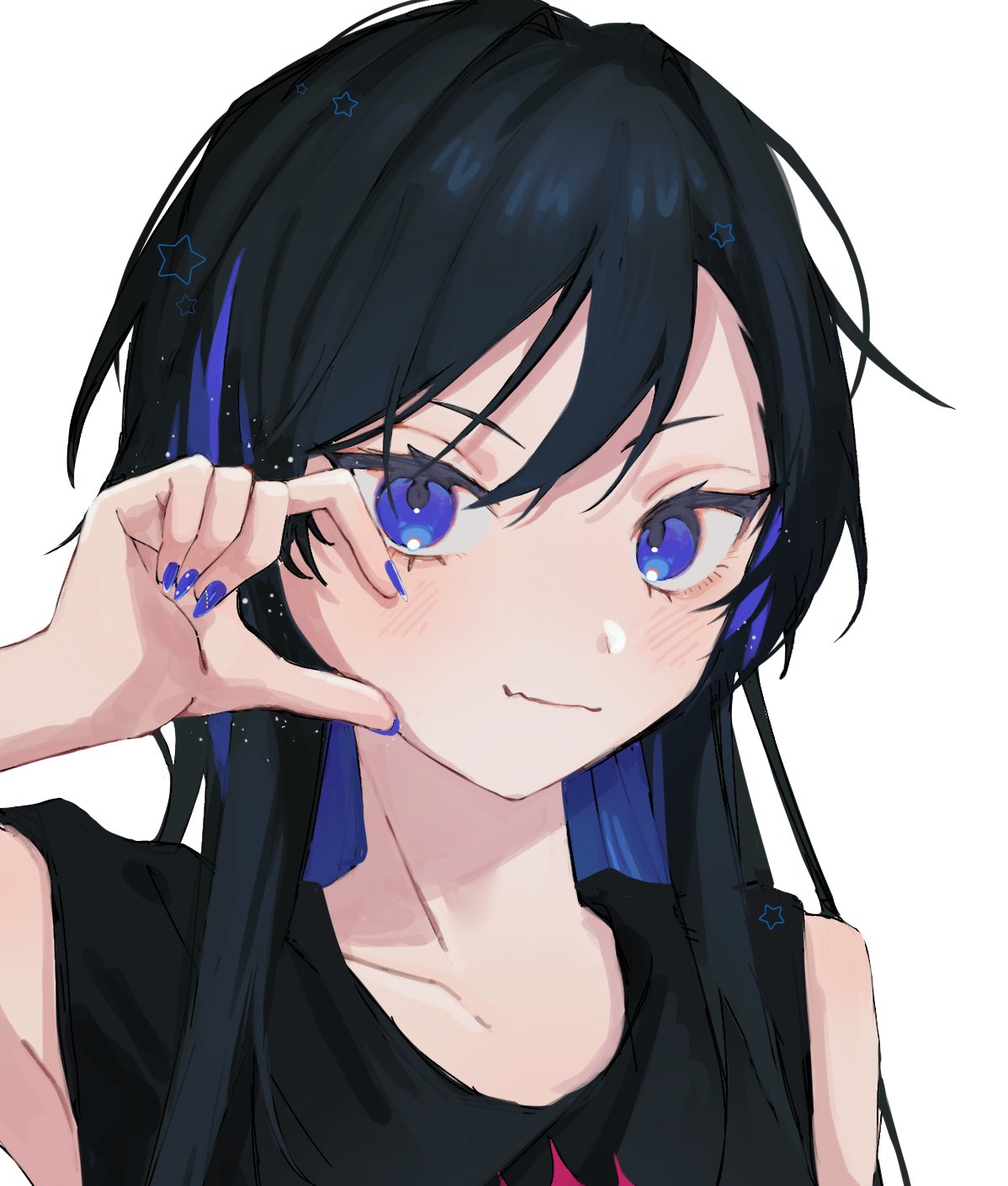 1girl, black_hair, black_shirt, blue_eyes, blue_nails, blush, closed_mouth, colored_inner_hair