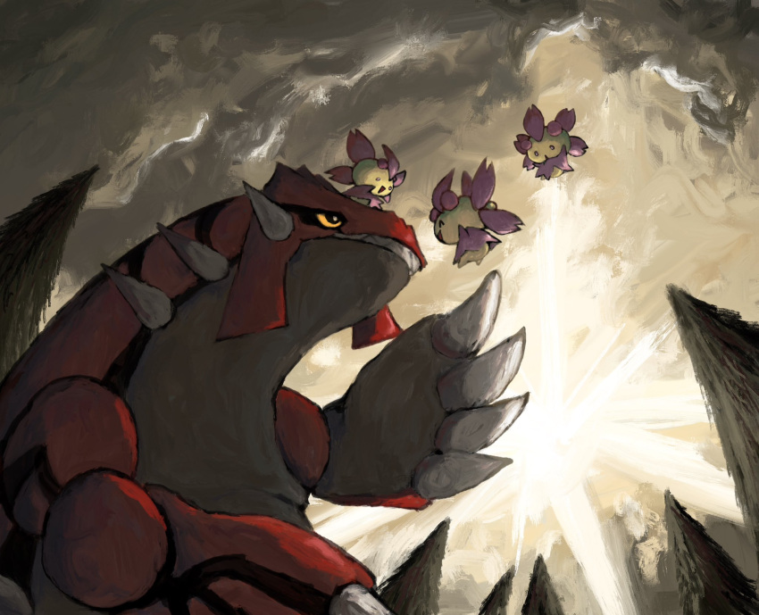 4others, ^_^, cherrim, cherrim_(sunshine), claws, closed_eyes, clouds, cloudy_sky
