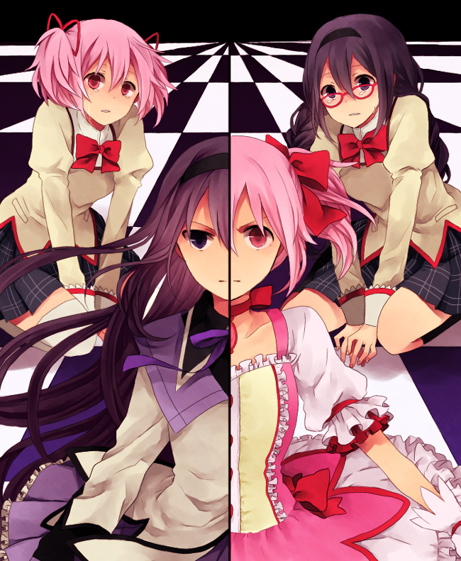 akemi_homura, alternate_hairstyle, black_hair, braid, checkered, checkered_floor, dual_persona, glasses