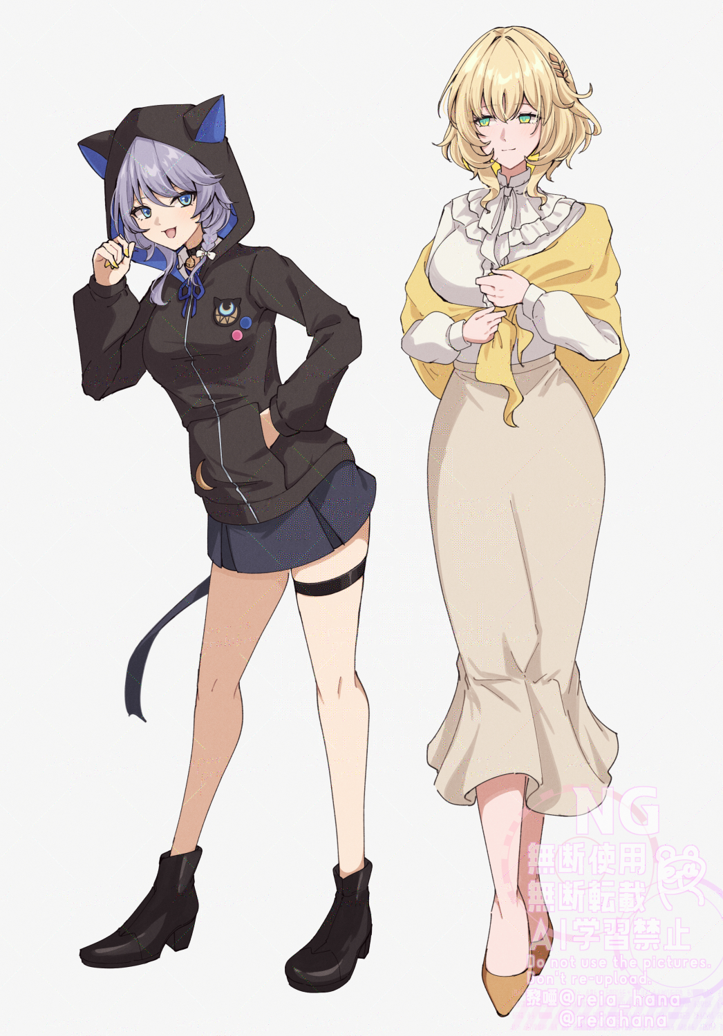 2girls, aglaea_(honkai:_star_rail), alternate_costume, animal_hood, black_boots, black_hoodie, blonde_hair, blue_eyes, boots, braid, cipher_(honkai:_star_rail), closed_mouth, collar, frilled_collar, frills, full_body, grey_background, grey_hair, hair_ornament, hand_in_pocket, highres, honkai:_star_rail, honkai_(series), hood, hoodie, long_skirt, long_sleeves, looking_at_another, multiple_girls, open_mouth, reia_hana, shirt, short_hair, simple_background, skirt, smile, standing, thigh_strap, white_shirt