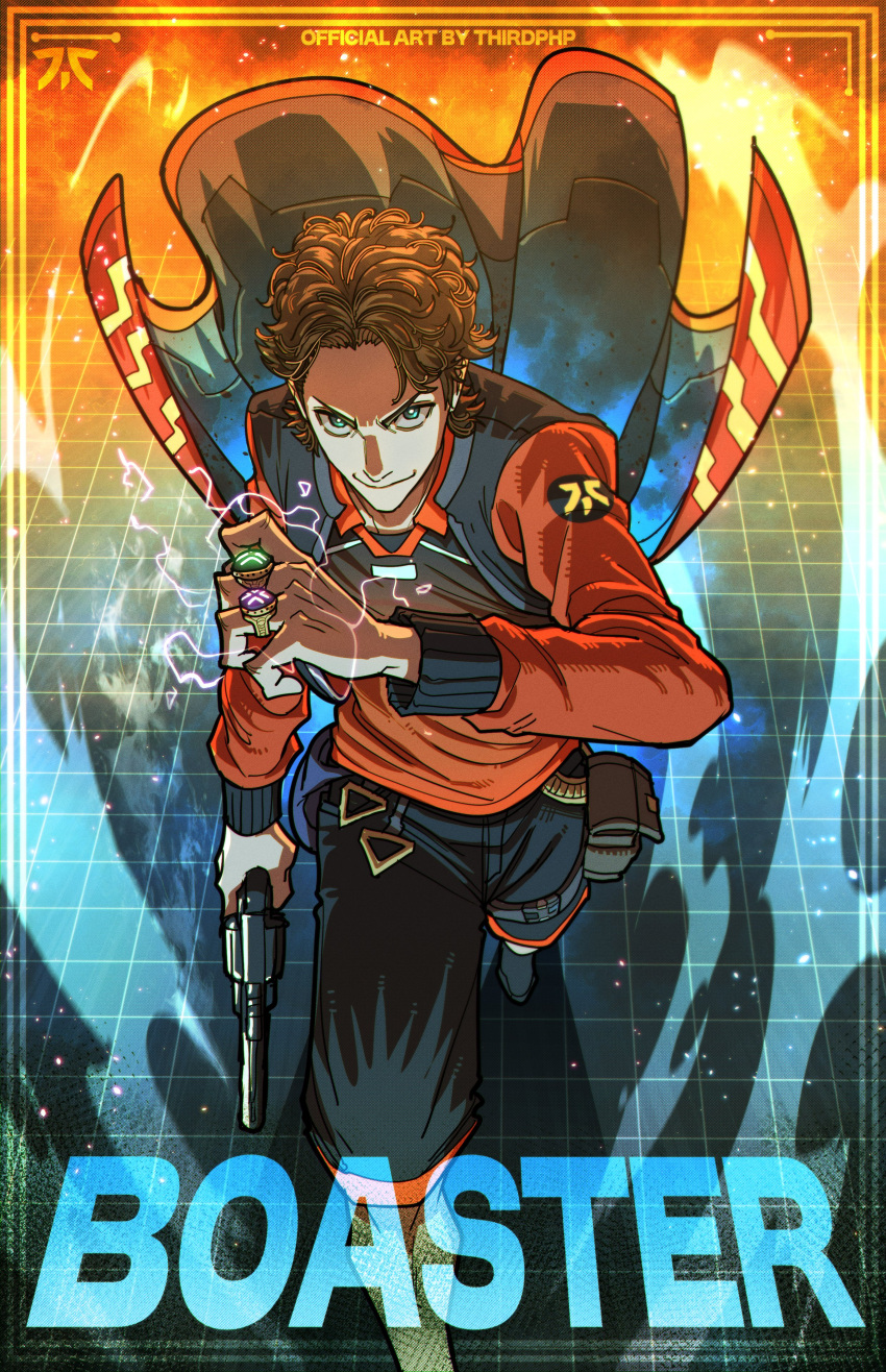 1boy, absurdres, artist_name, black_pants, boaster_(gamer), brown_hair, character_name, closed_mouth