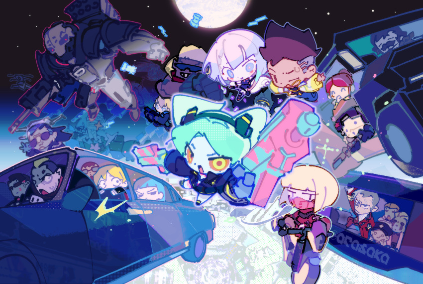 5girls, 6+boys, :d, absurdres, adam_smasher, aqua_hair, blonde_hair, brown_hair