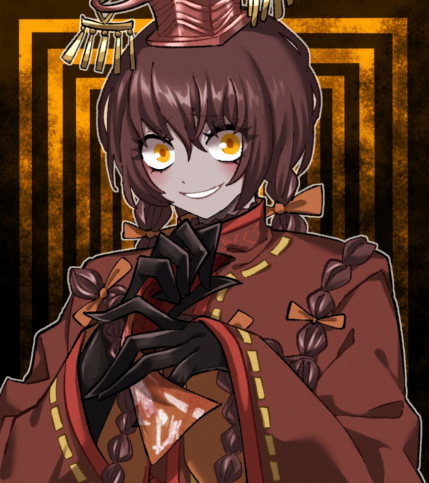 1boy, blush, braid, brown_hair, chinese_clothes, colored_skin, commentary_request, grey_skin