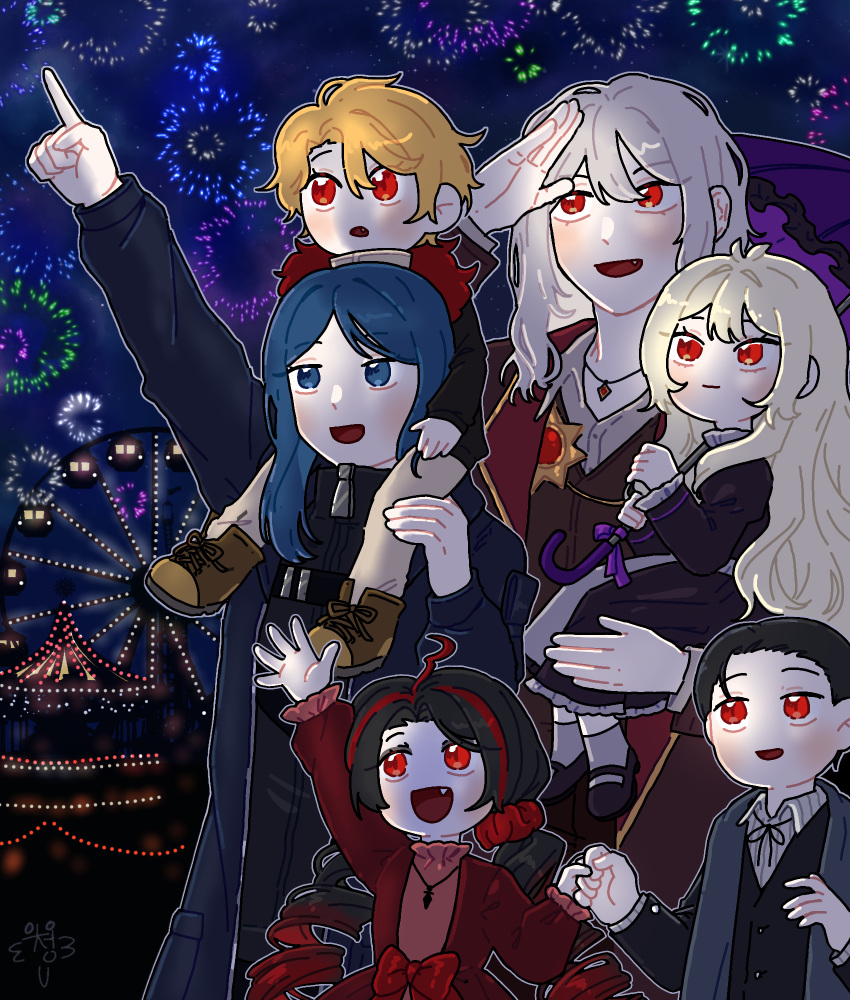 2boys, 4girls, aerial_fireworks, aged_down, amusement_park, bari_(project_moon), black_dress, black_hair