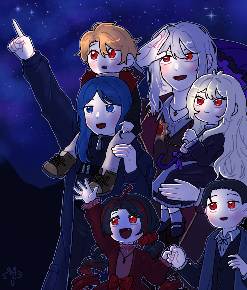 2boys, 4girls, aged_down, bari_(project_moon), black_dress, black_hair, black_jacket, blonde_hair