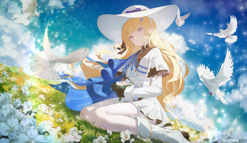 1girl, absurdres, bird, black_gloves, blonde_hair, chinese_commentary, chiyo_akira, commentary_request