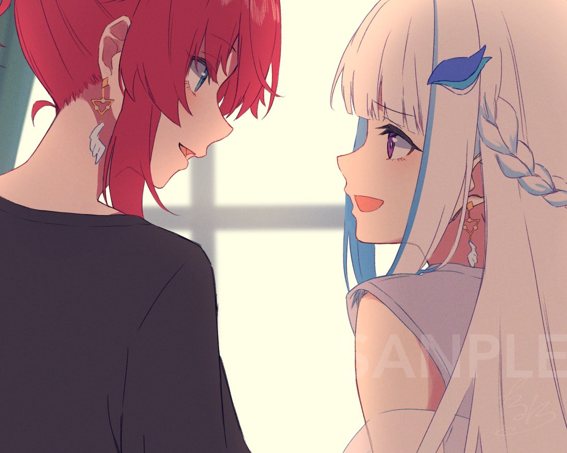 2girls, :d, alternate_costume, ange_katrina, black_shirt, blue_eyes, blue_hair, blunt_bangs