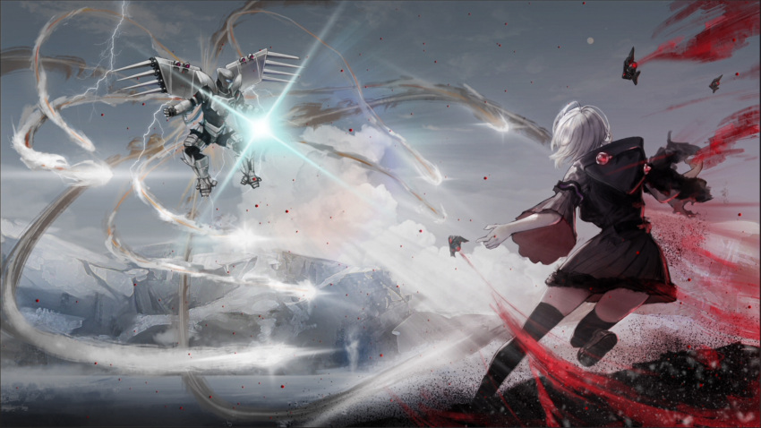 1boy, 1girl, absurdres, antarctica, armor, battle, black_thighhighs, breasts, command_&amp;_conquer, command_&amp;_conquer:_red_alert, dart, day, dress, duel, energy, fighting, floating_hair, flying, from_behind, glacier, grey_dress, highres, hood, hood_down, hoodie, ice, jetpack, libra_(mental_omega), lightning, mental_omega_(mod), missile, missile_trail, mys_sk, norio_(mental_omega), outdoors, power_armor, red_clouds, skirt, small_breasts, standing, standing_on_one_leg, telekinesis, thigh-highs, torn_clothes