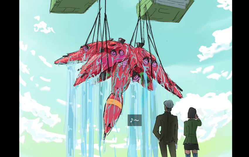 1boy, 1girl, back, black_hair, challia_bull, clouds, comoli_harcourt, crossbone_vanguard